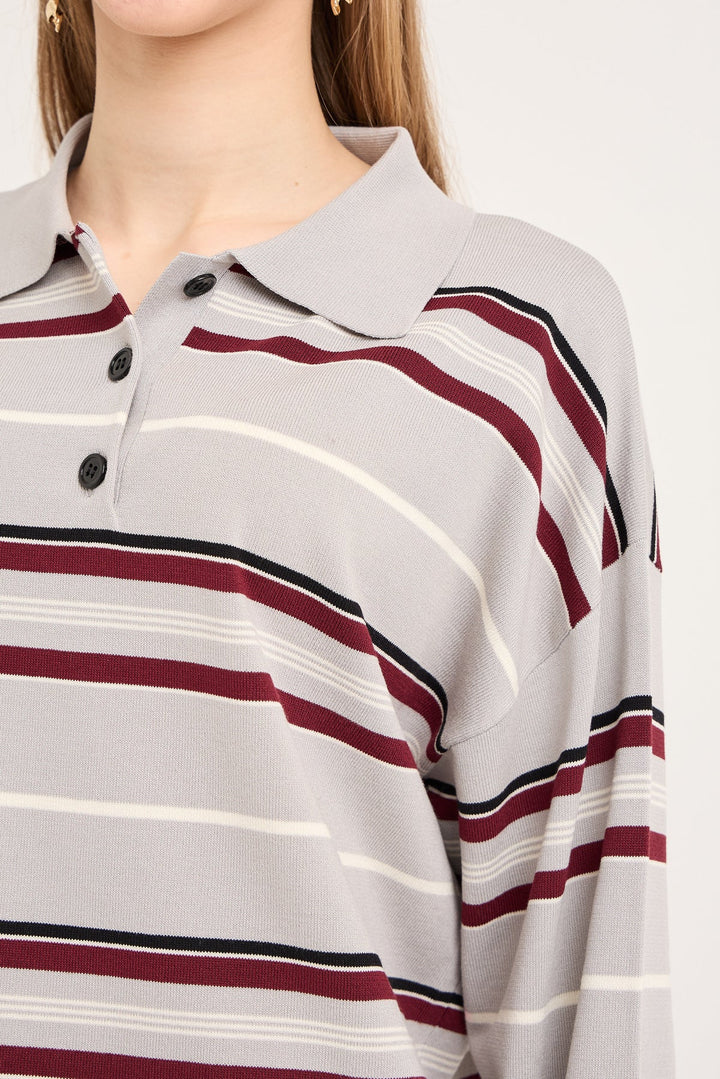 Polo long sleeve stripe knit blouse