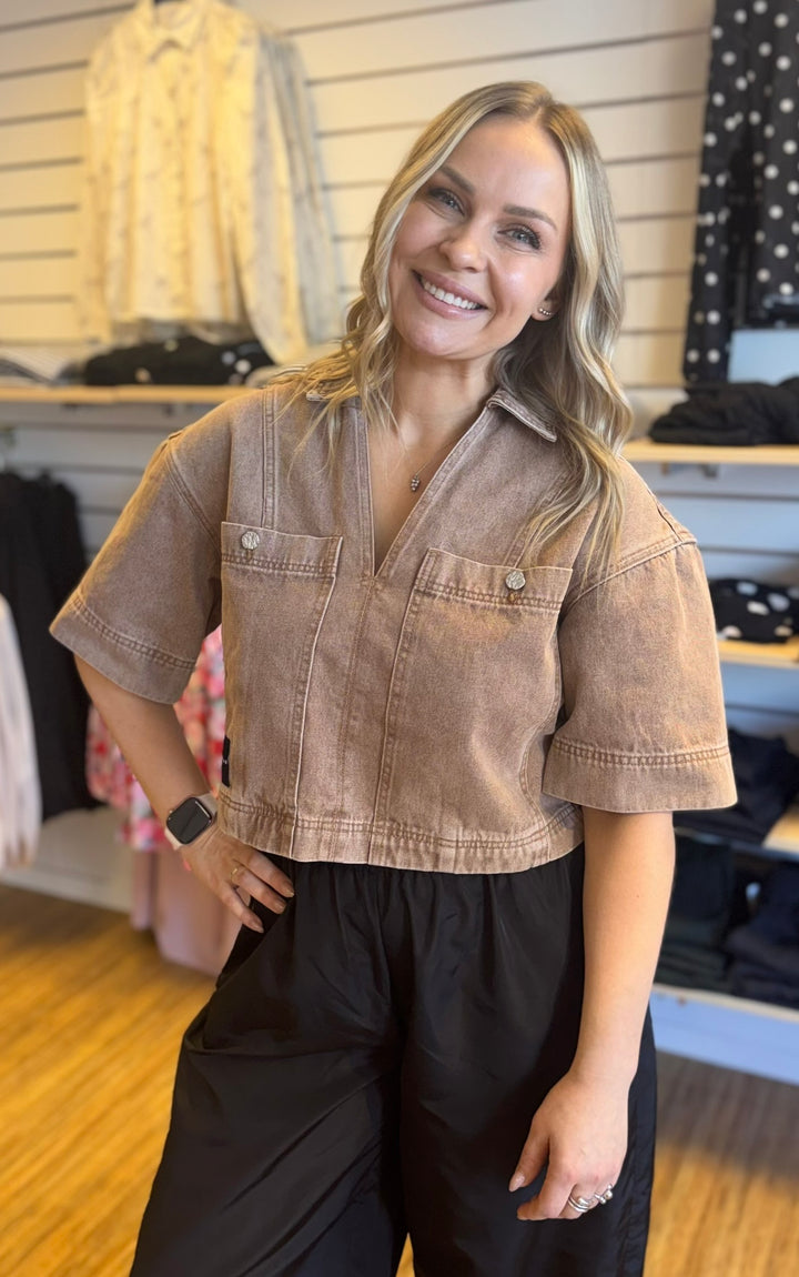 Drew denim top camel